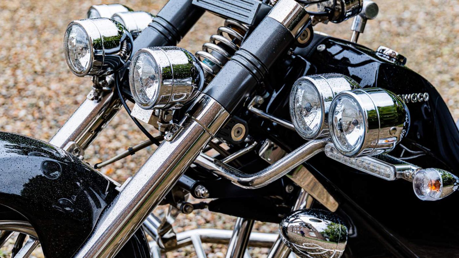 The front end of a custom bike
